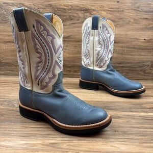 VTG Justin Boots Women 9.5B Tekno Crepe 11" Western Blue Cream Leather USA L5036